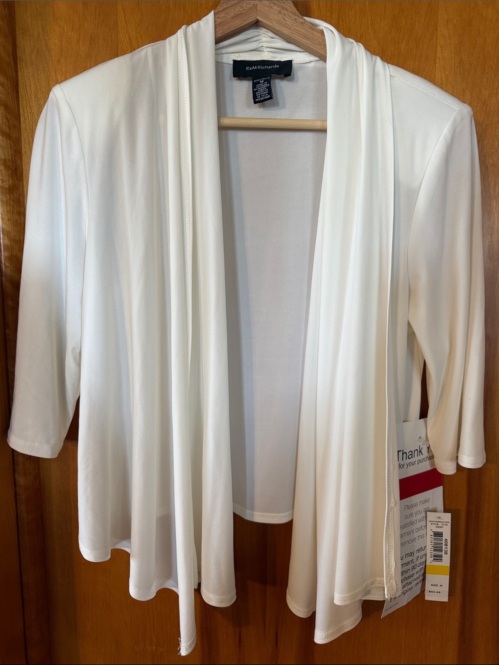 R&M Richards White Draped Open-Front Cardigan